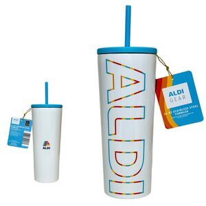 ALDI Gear 2024 Crofton 24 fl oz Stainless Steel Tumbler With Straw White Rainbow